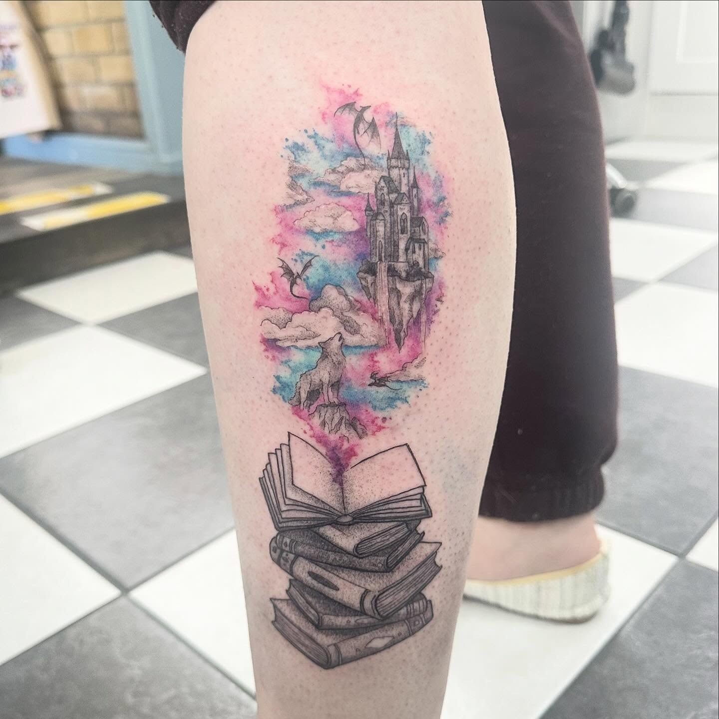Watercolor Fantasy Castle Book Tattoo Tattoo Design