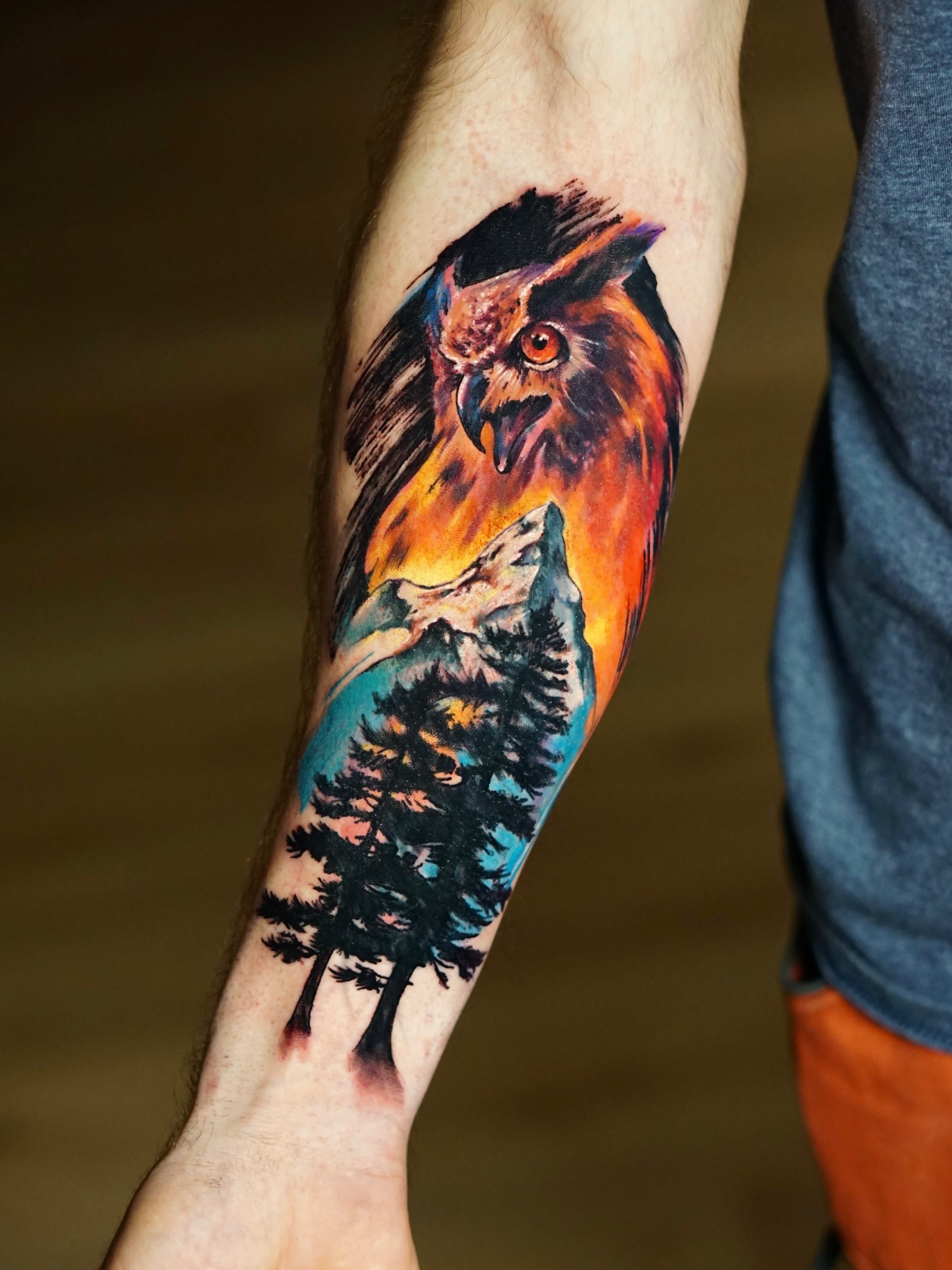 Watercolor Owl and Mountain Tattoo Tattoo Design