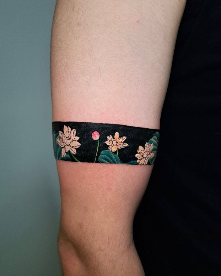 Black Armband with Water Lily Garden Tattoo Design