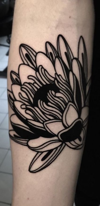 Bold Black Traditional Water Lily Tattoo Design