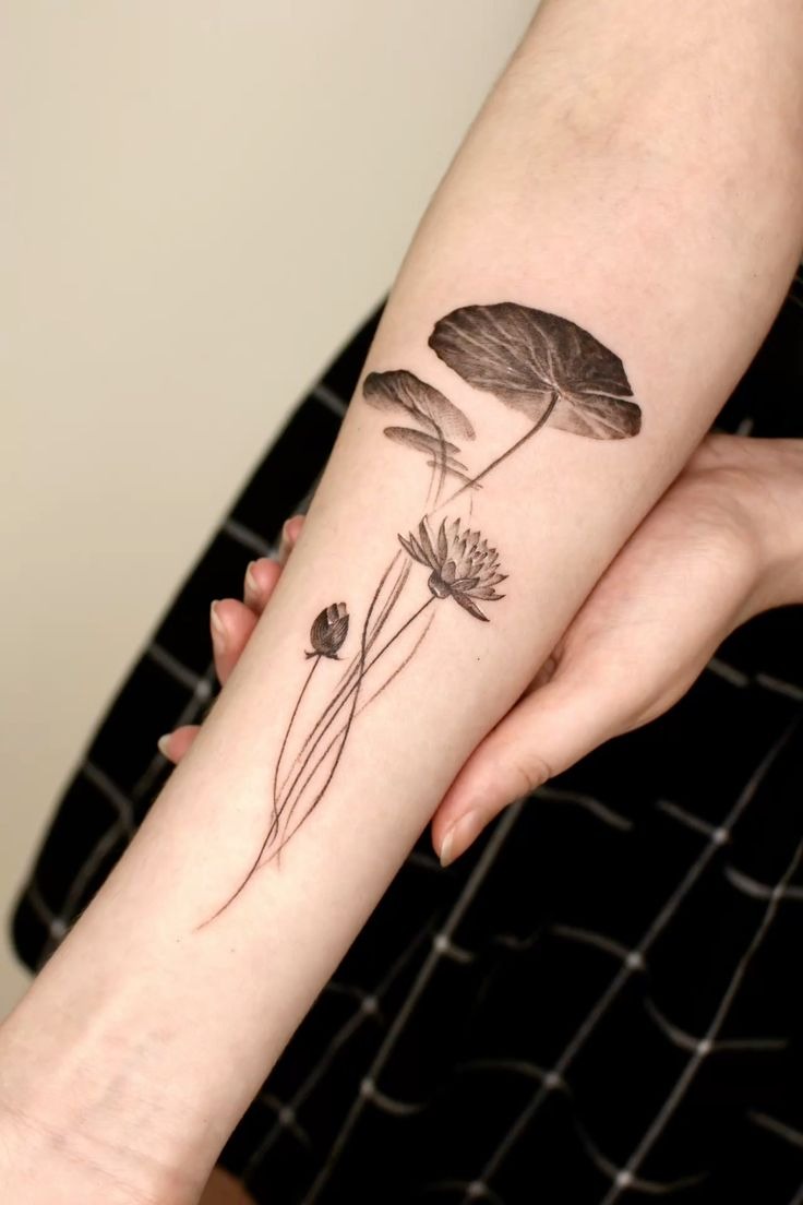 Botanical Water Lily with Tall Stems and Pads Tattoo Design