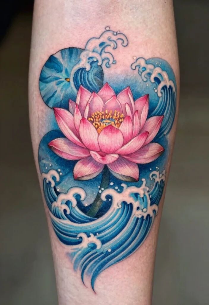 Japanese-Inspired Water Lily with Blue Waves Tattoo Design