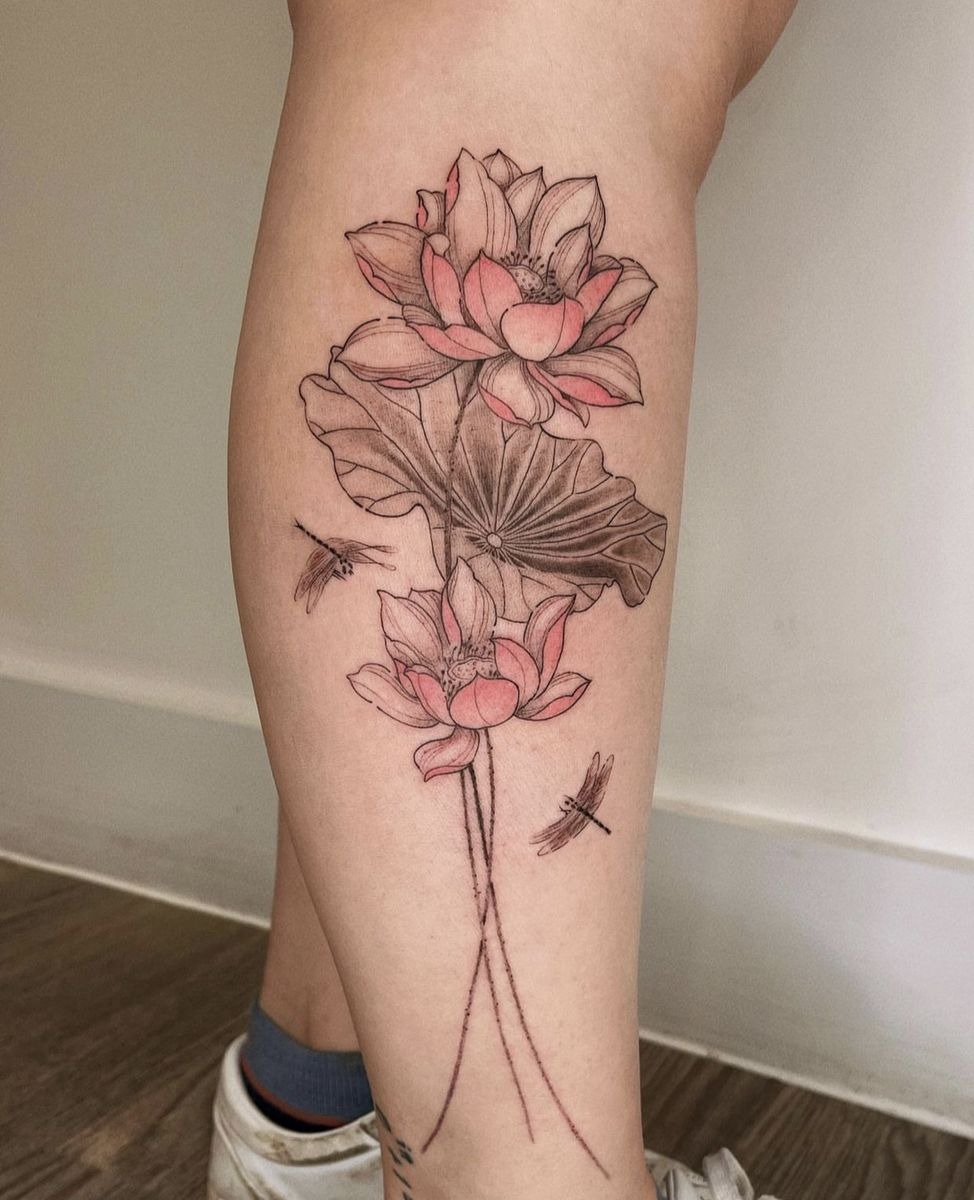 Pink Fineline Water Lilies with Dragonflies Tattoo Design
