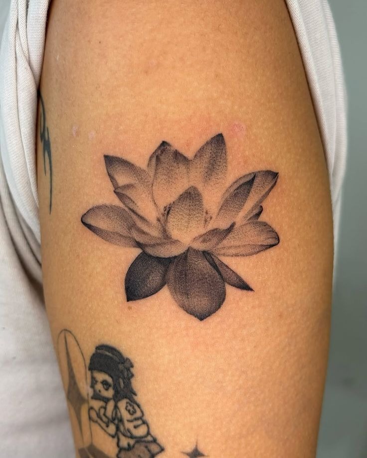 Soft Black and Gray Water Lily Tattoo Design