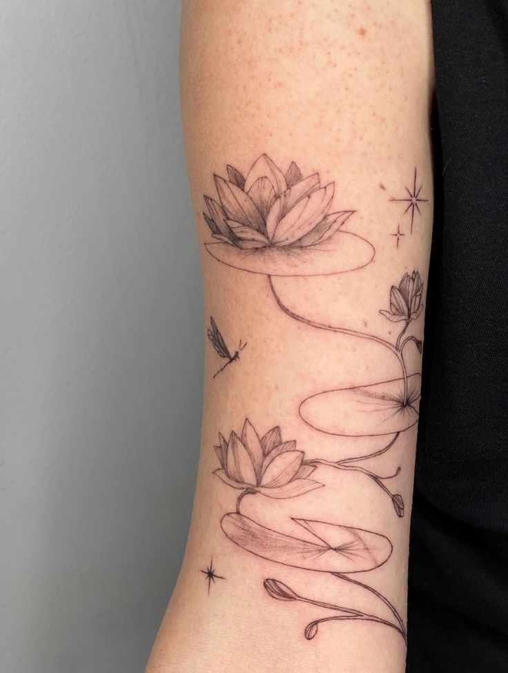 Water Lily Pond Fine Line Composition Tattoo Design