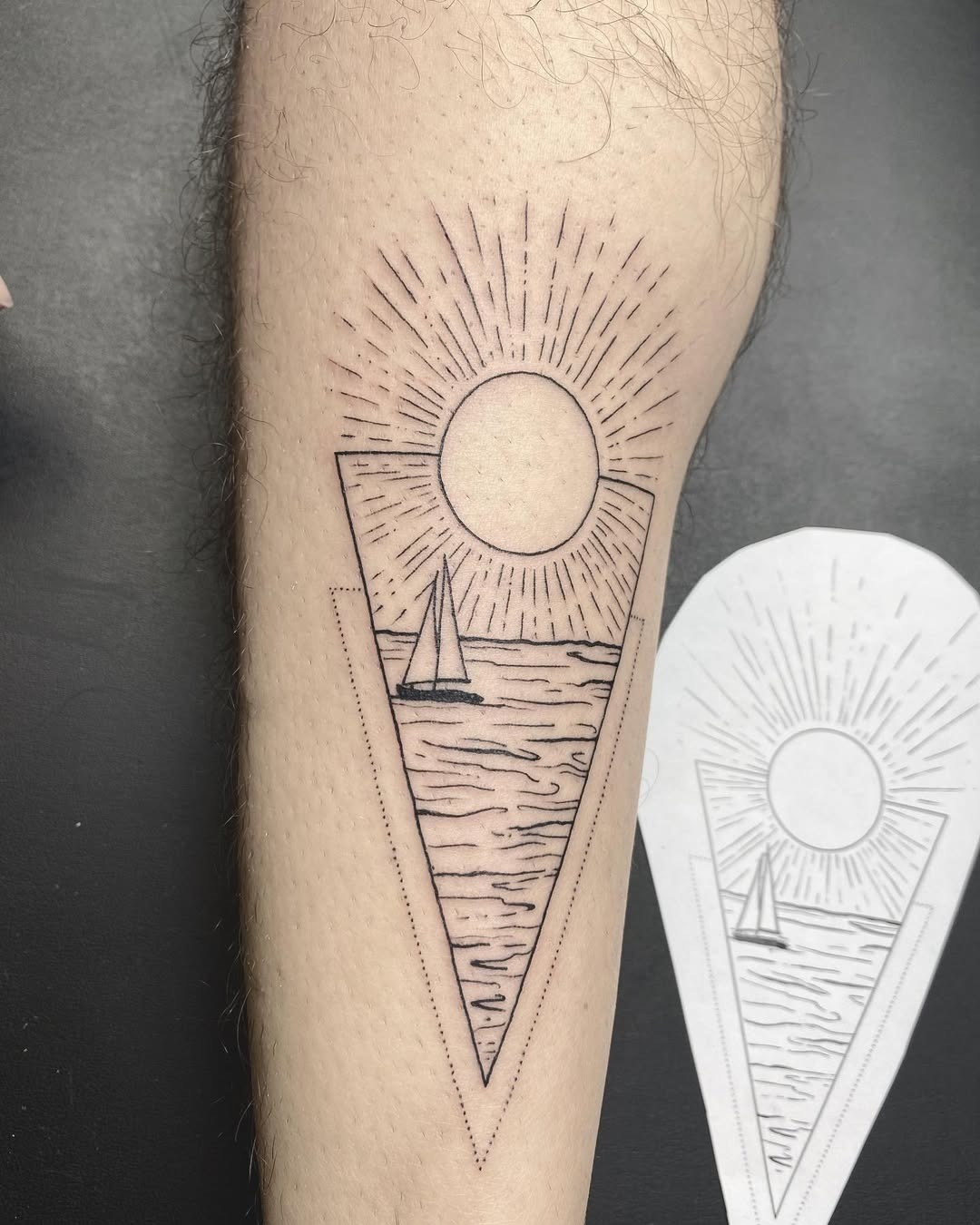 Charming water-themed tattoo with sun and sailboat Tattoo Design