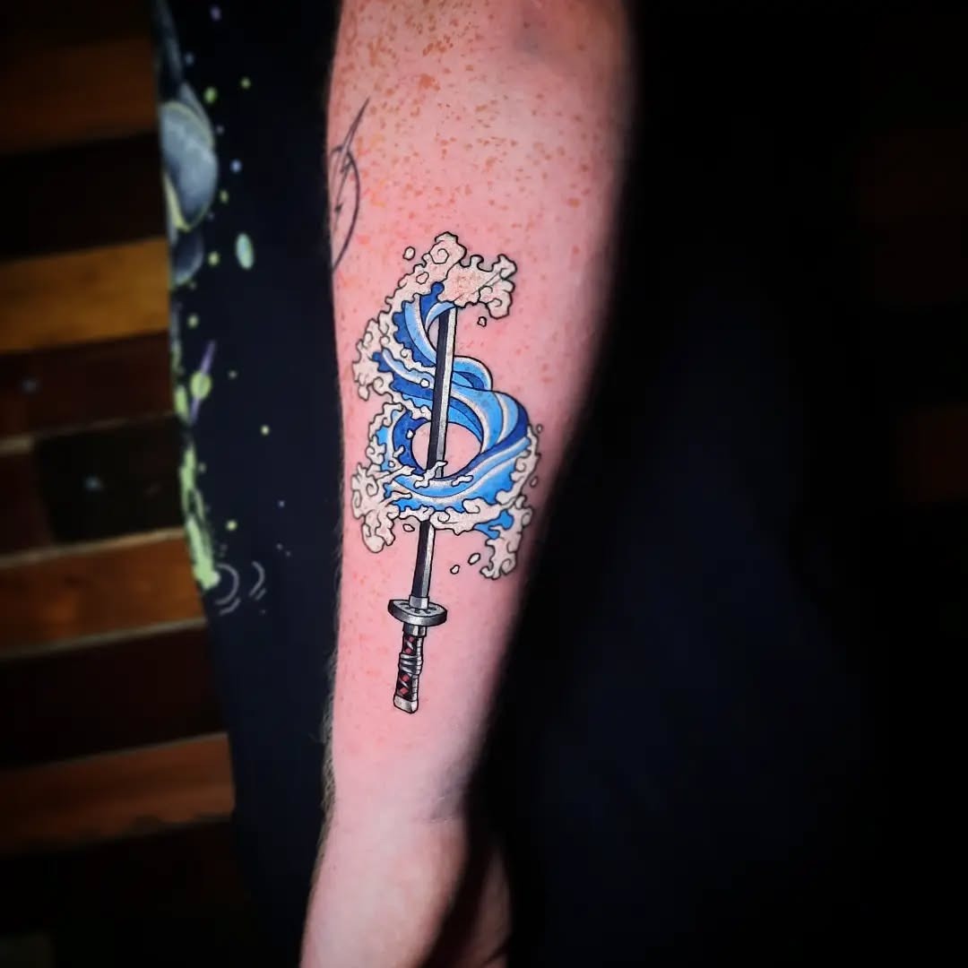 Dynamic water tattoo featuring a sword design Tattoo Design