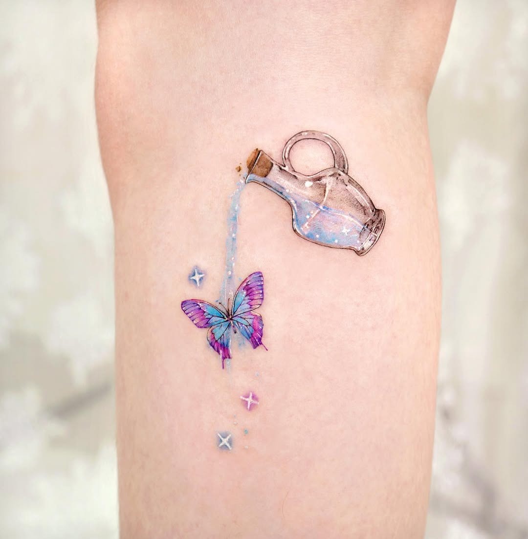 Whimsical butterfly emerging from a water jug Tattoo Design