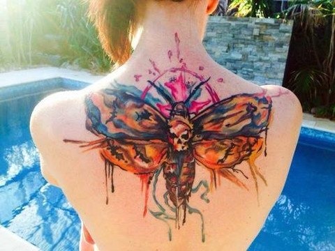Butterflies and Gothic Skull Watercolor Fusion Tattoo Design