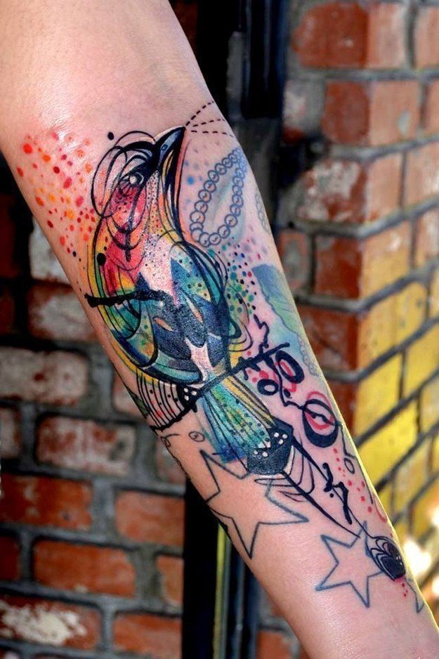 Colorful Perched Songbird Watercolor Arm Tattoo Tattoo Design