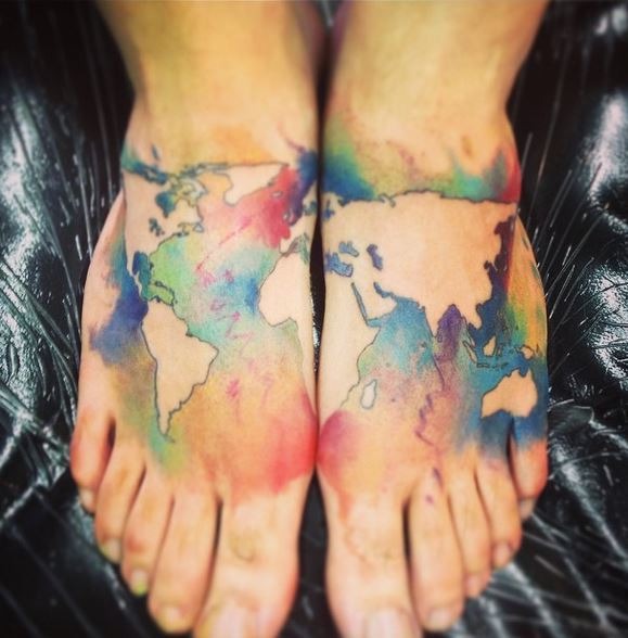 Connecting World Map Watercolor Feet Tattoo Tattoo Design