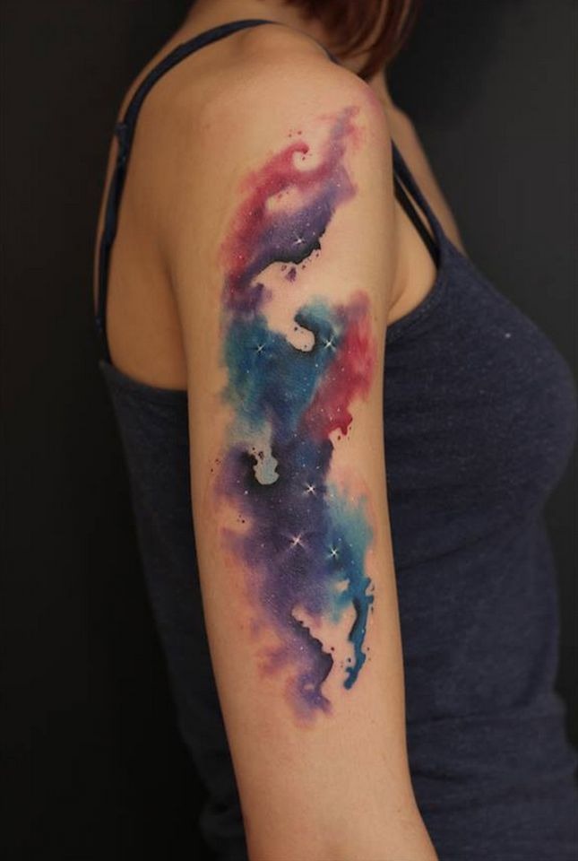 Cosmic Starry Night Sky Watercolor Arm Tattoo Tattoo Design