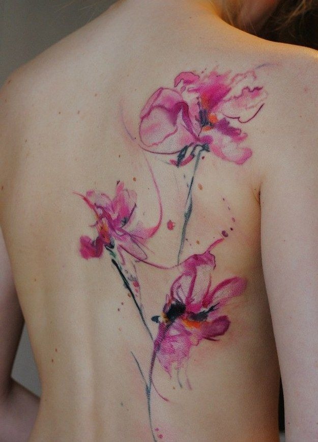 Delicate Pink Flower Watercolor Back Tattoo Tattoo Design