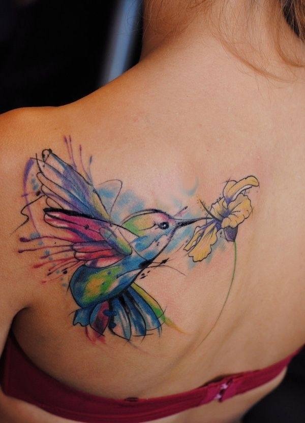 Delicate Songbird on Flower Branch Watercolor Tattoo Tattoo Design