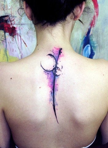 Ethereal Watercolor Stalk Tattoo on Lady's Back Tattoo Design