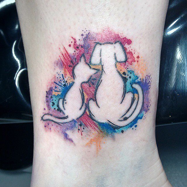 Faithful Dog and Cat Companions Watercolor Leg Tattoo Tattoo Design