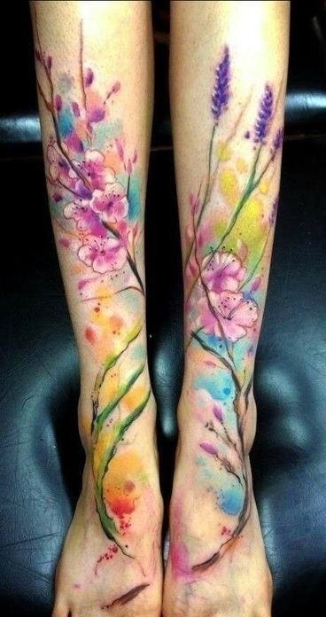 Full Botanical Blossom Leg Sleeve Watercolor Tattoo Tattoo Design