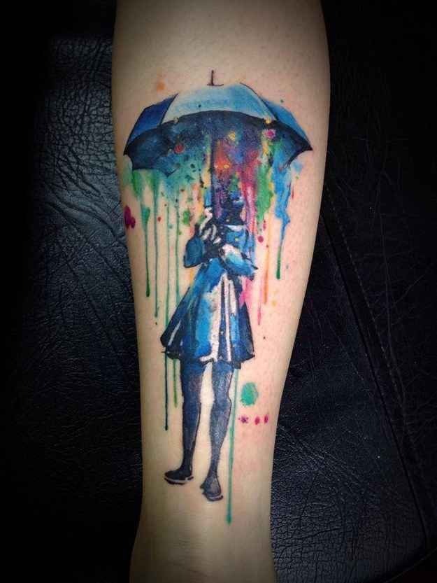 Girl with Umbrella in the Rain Watercolor Arm Tattoo Tattoo Design