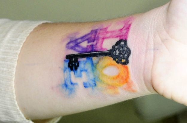 Love Lettering with Vintage Key Watercolor Wrist Tattoo Tattoo Design