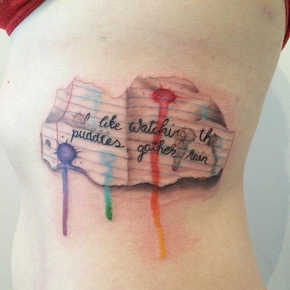 Manuscript Script Scroll Watercolor Rib Tattoo Tattoo Design