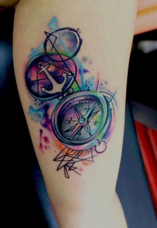 Nautical Compass and Anchor of Time Watercolor Tattoo Tattoo Design