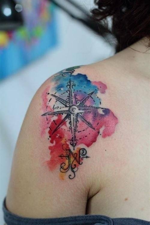Nautical Compass Star Watercolor Shoulder Tattoo Tattoo Design