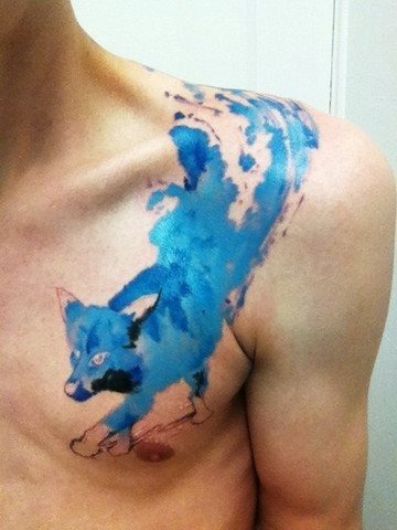 Playful Watercolor Fox with Soft Splatters Tattoo Tattoo Design