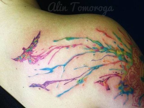 Rising Phoenix Watercolor Tattoo on Back Tattoo Design