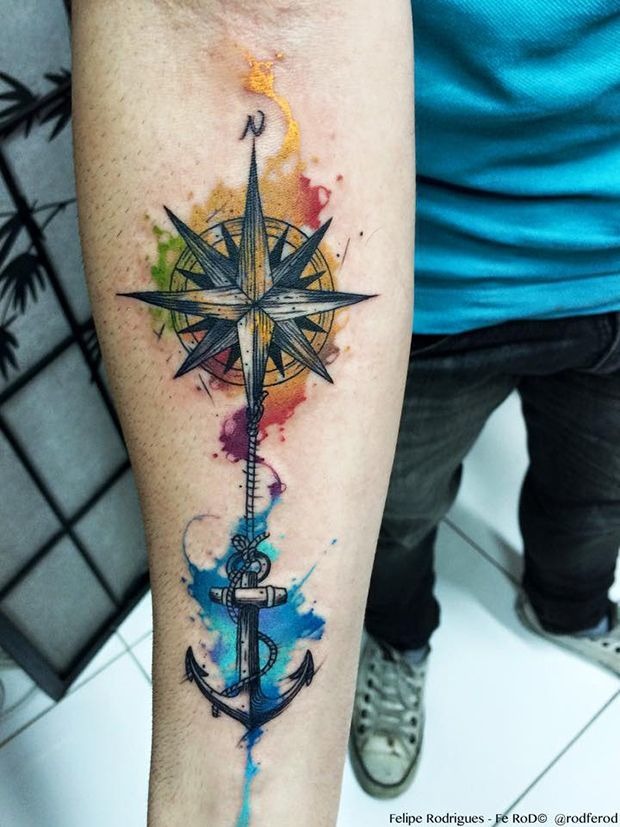 Steampunk Compass and Anchor Watercolor Hand Tattoo Tattoo Design