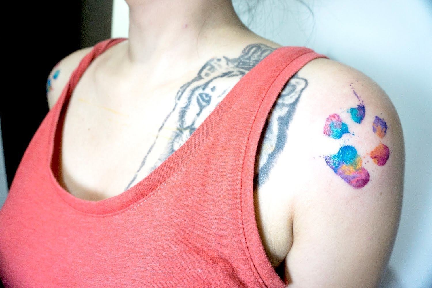 Vibrant Paw Print Watercolor Shoulder Tattoo Tattoo Design
