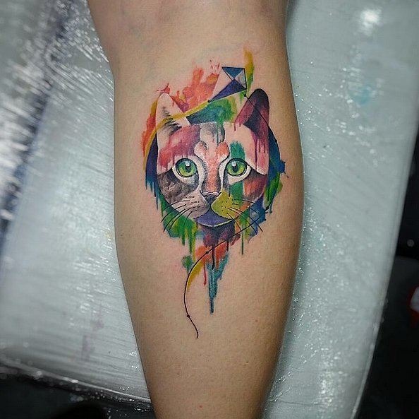 Whimsical Kite and Cat Silhouette Watercolor Leg Tattoo Tattoo Design