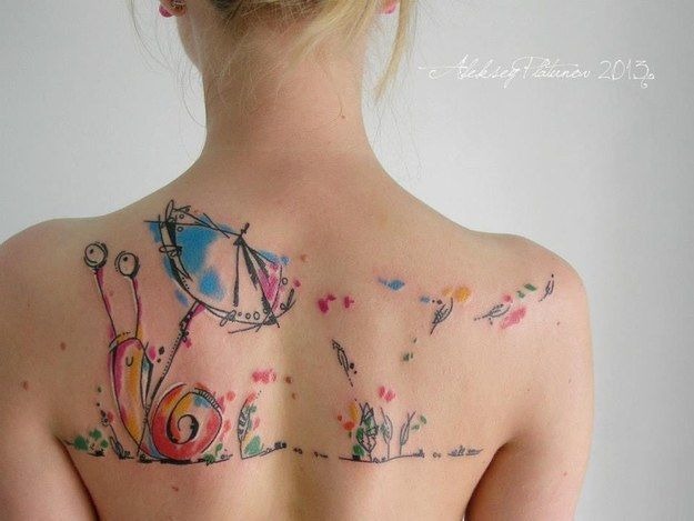 Whimsical Snail with Umbrella Watercolor Tattoo Tattoo Design