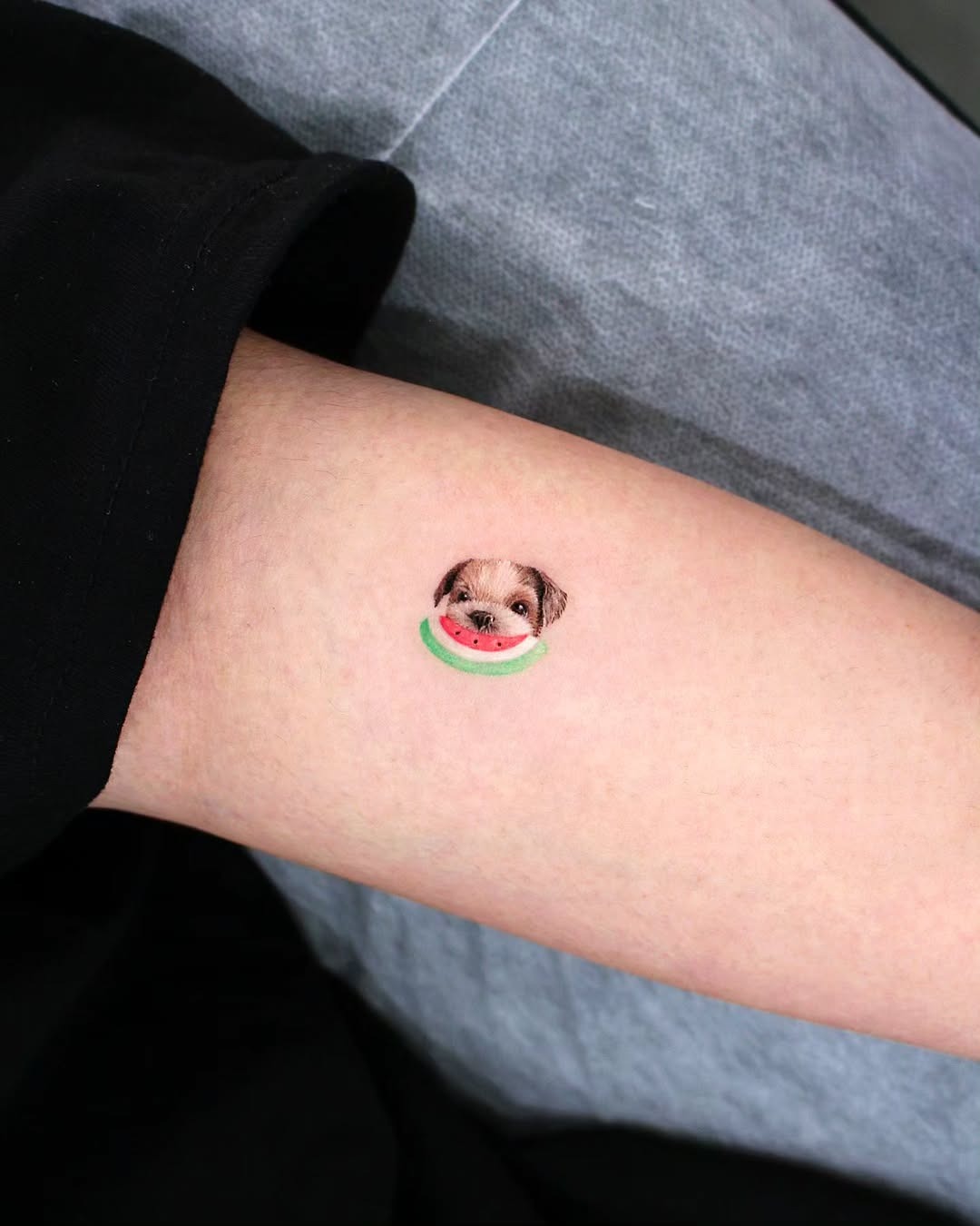 Adorable pup in a watermelon slice tattoo Tattoo Design