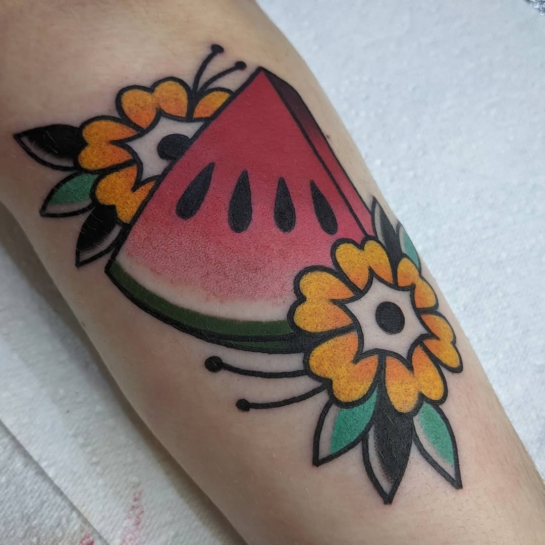 Colorful watermelon slice with floral elements Tattoo Design