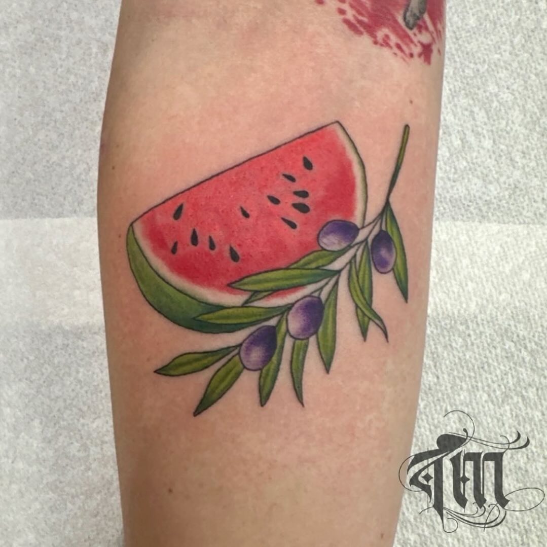Colorful watermelon tattoo with olive details Tattoo Design