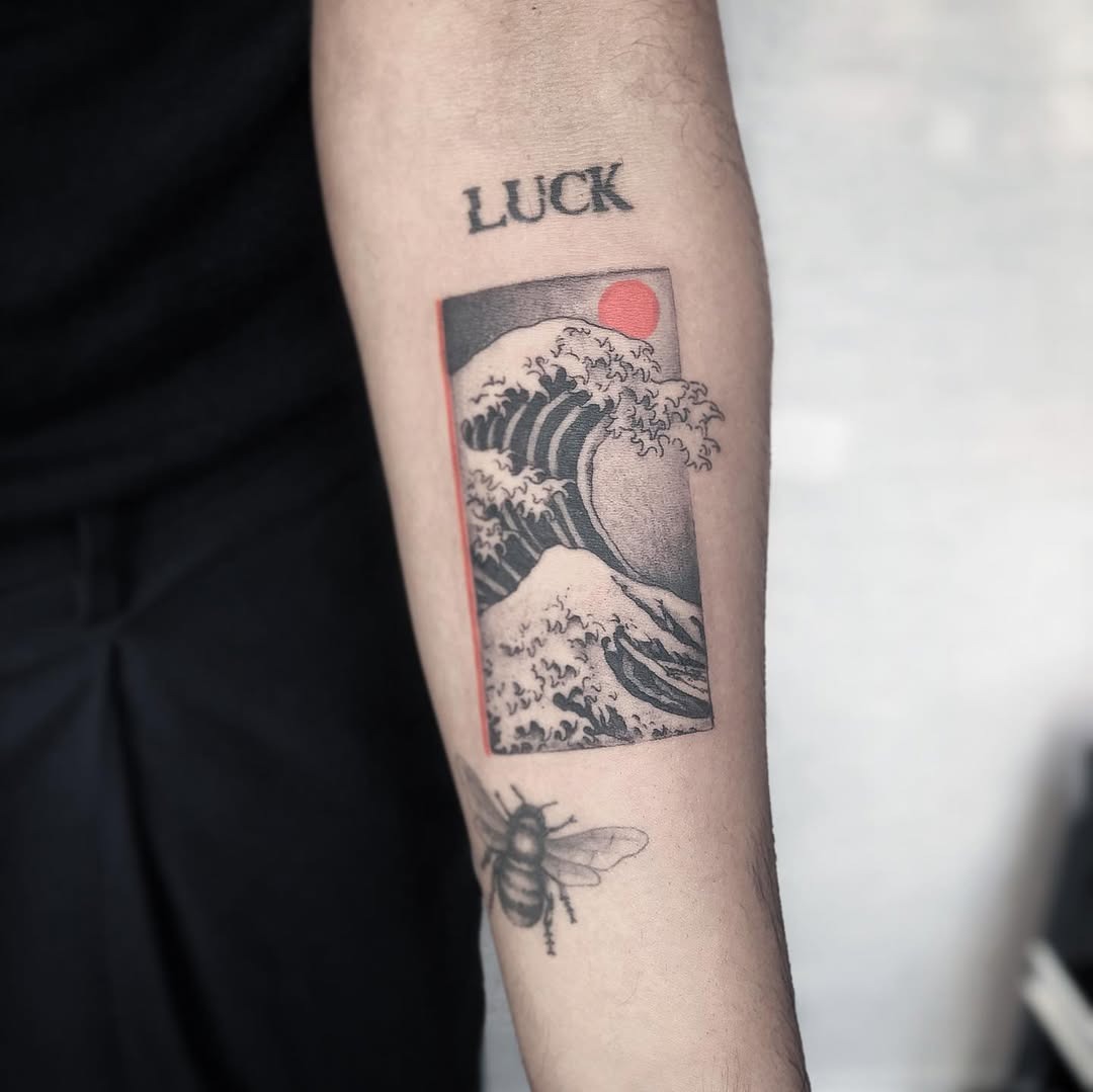 Wave Tattoo with Luck Tattoo Design