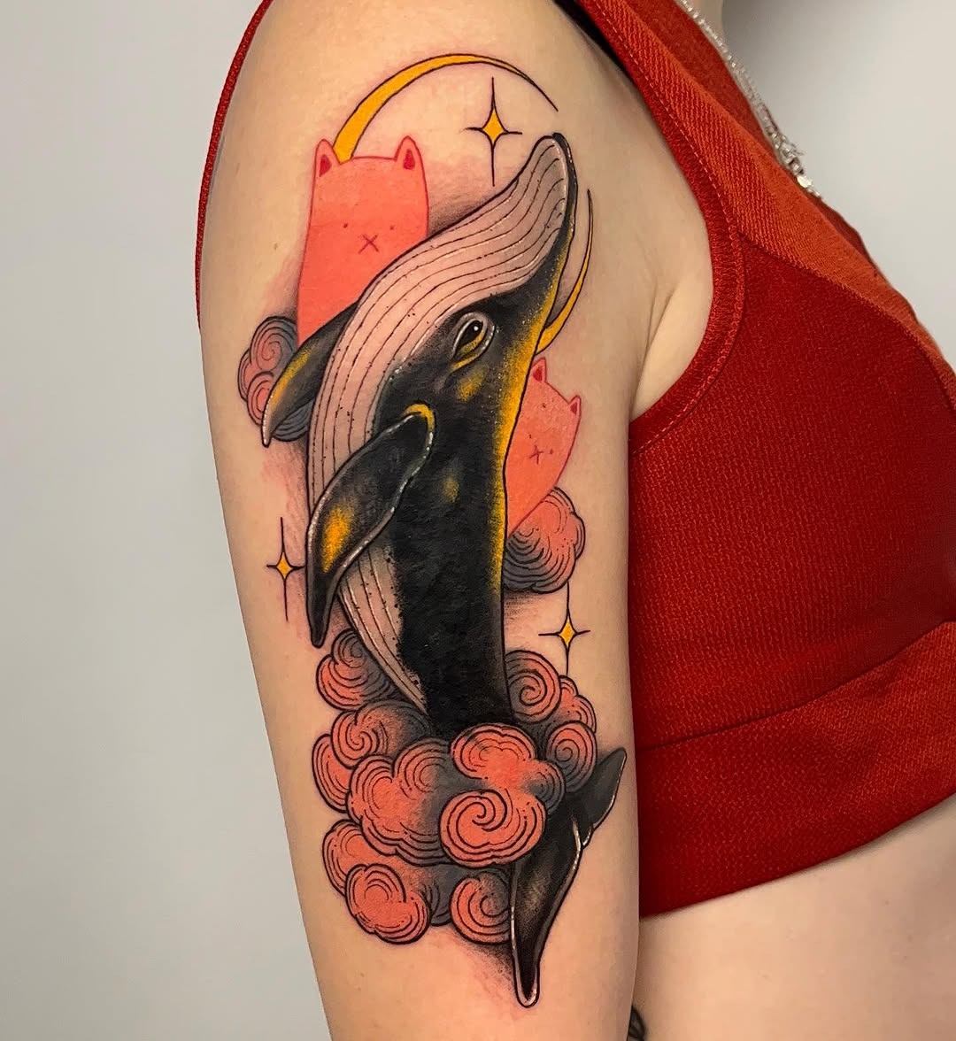 Colorful whale tattoo with whimsical elements Tattoo Design