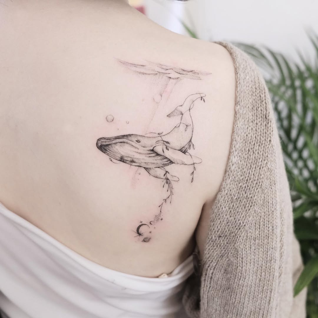 Elegant minimalist whale tattoo on shoulder Tattoo Design