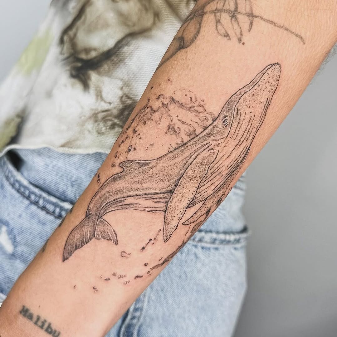 Elegant whale tattoo showcasing fine line artistry Tattoo Design