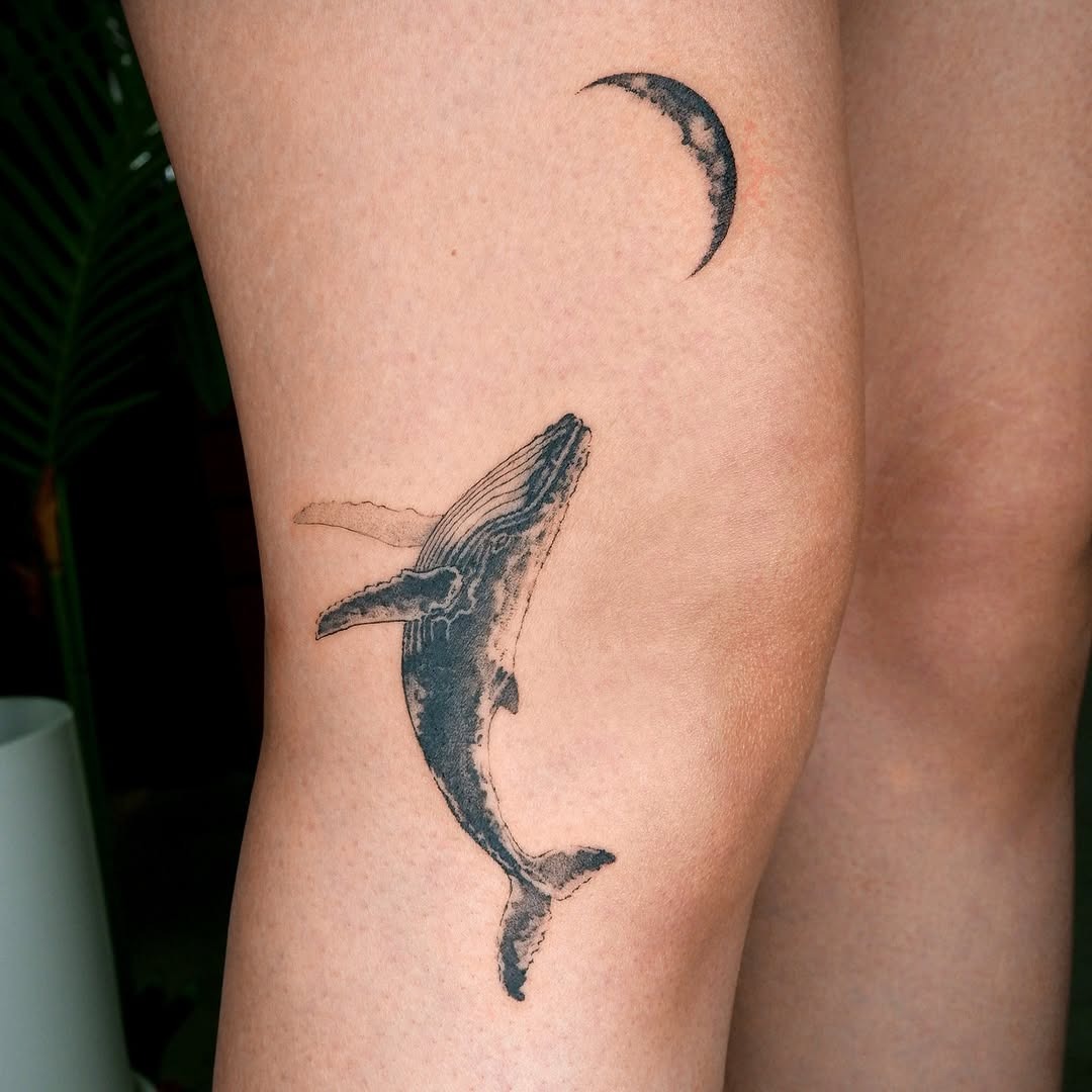 Elegant whale tattoo with a crescent moon Tattoo Design