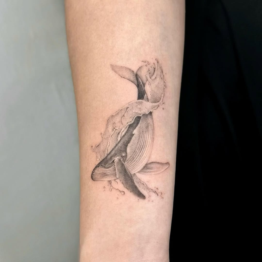 Elegant Whale Tattoo with Fluid Water Elements Tattoo Design