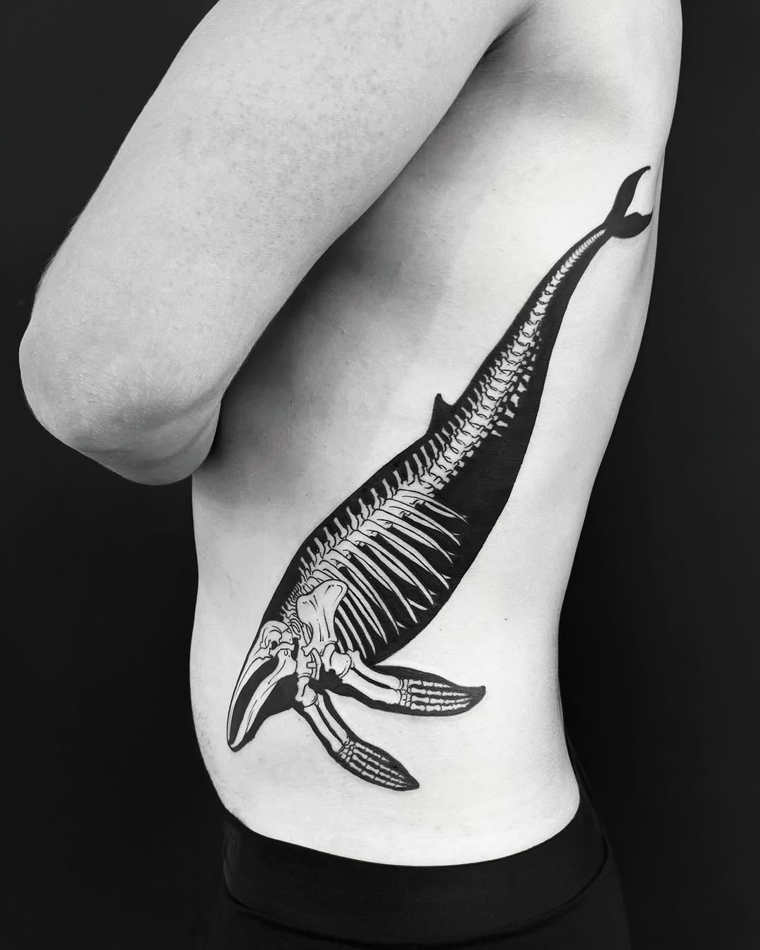 Unique Skeleton Whale Tattoo on Ribcage Tattoo Design