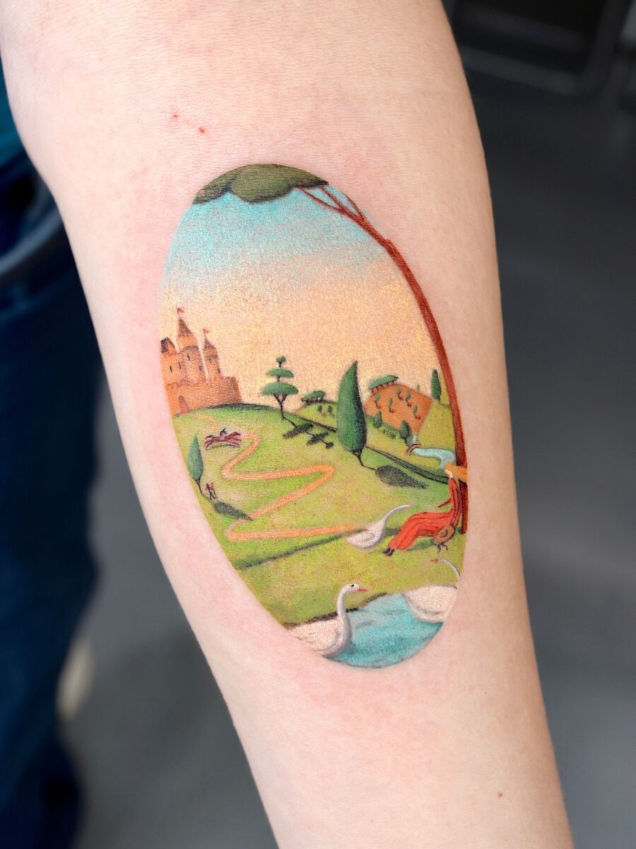 A whimsical landscape tattoo bursting with color Tattoo Design