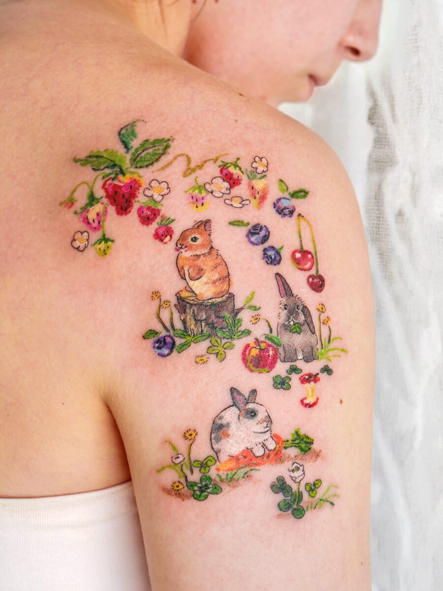 Charming animal and floral tattoo cluster Tattoo Design