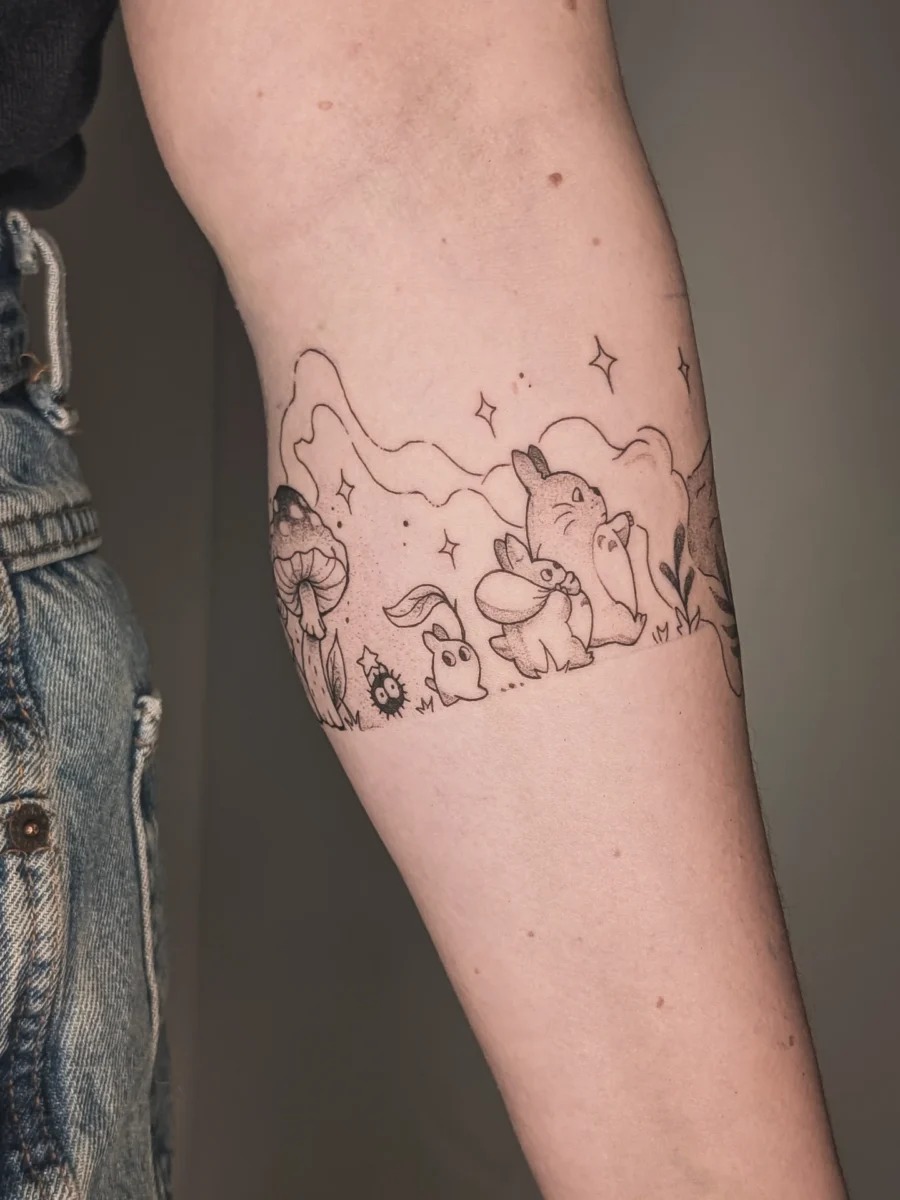 Charming animal characters in a serene landscape Tattoo Design