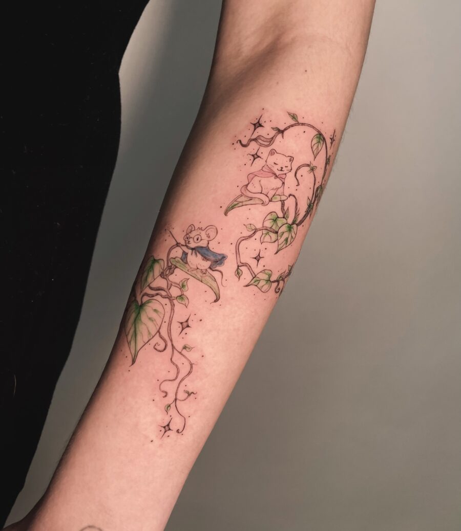 Charming animals entwined with leafy vines Tattoo Design