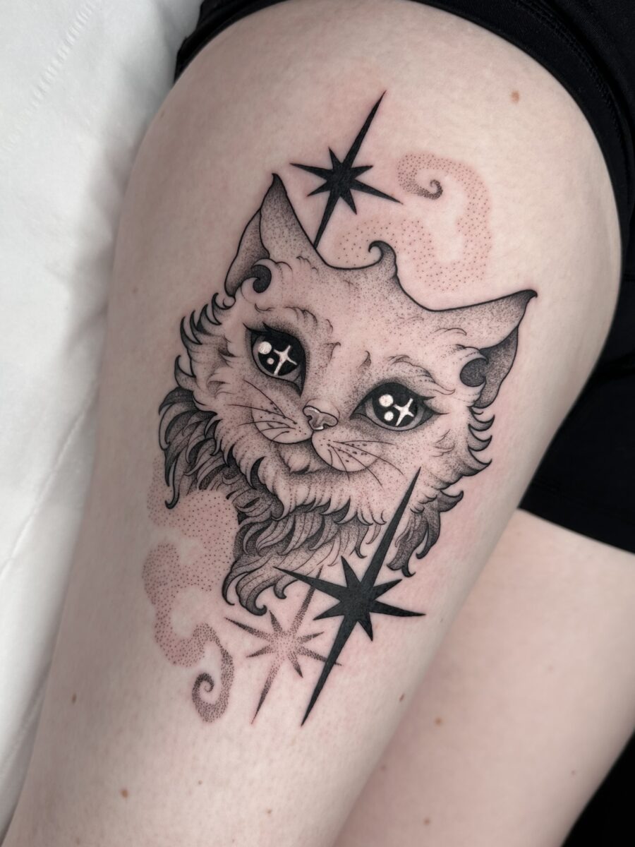 Charming Cat Tattoo Infused with Cosmic Vibes Tattoo Design