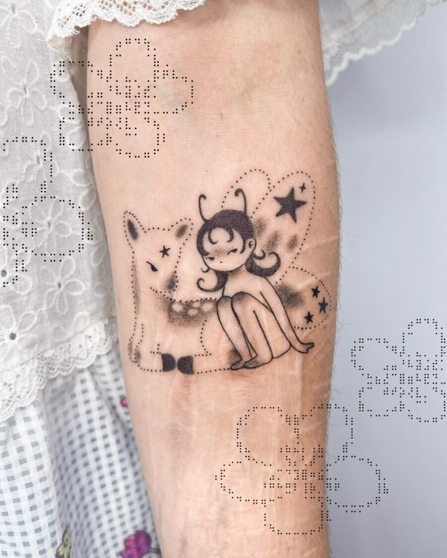 Charming fairy girl with her feline friend Tattoo Design