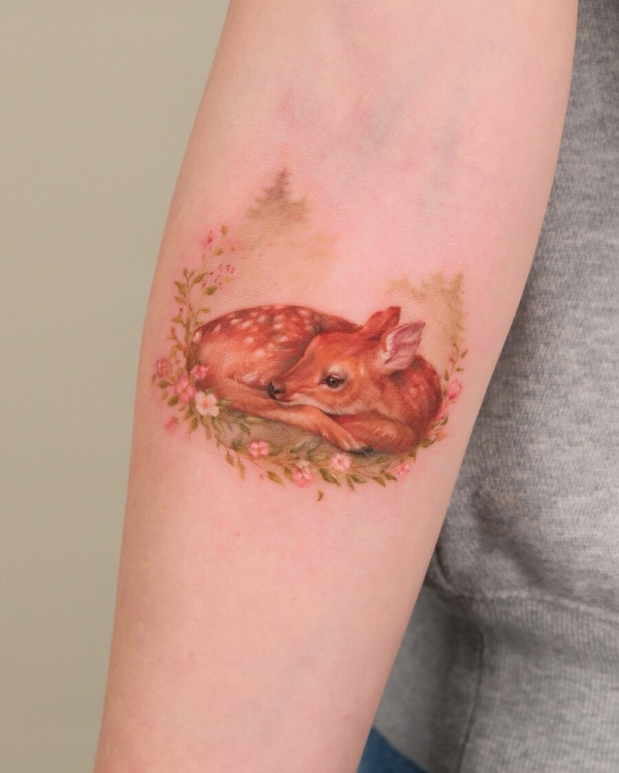 Charming fawn resting among blooming flowers Tattoo Design