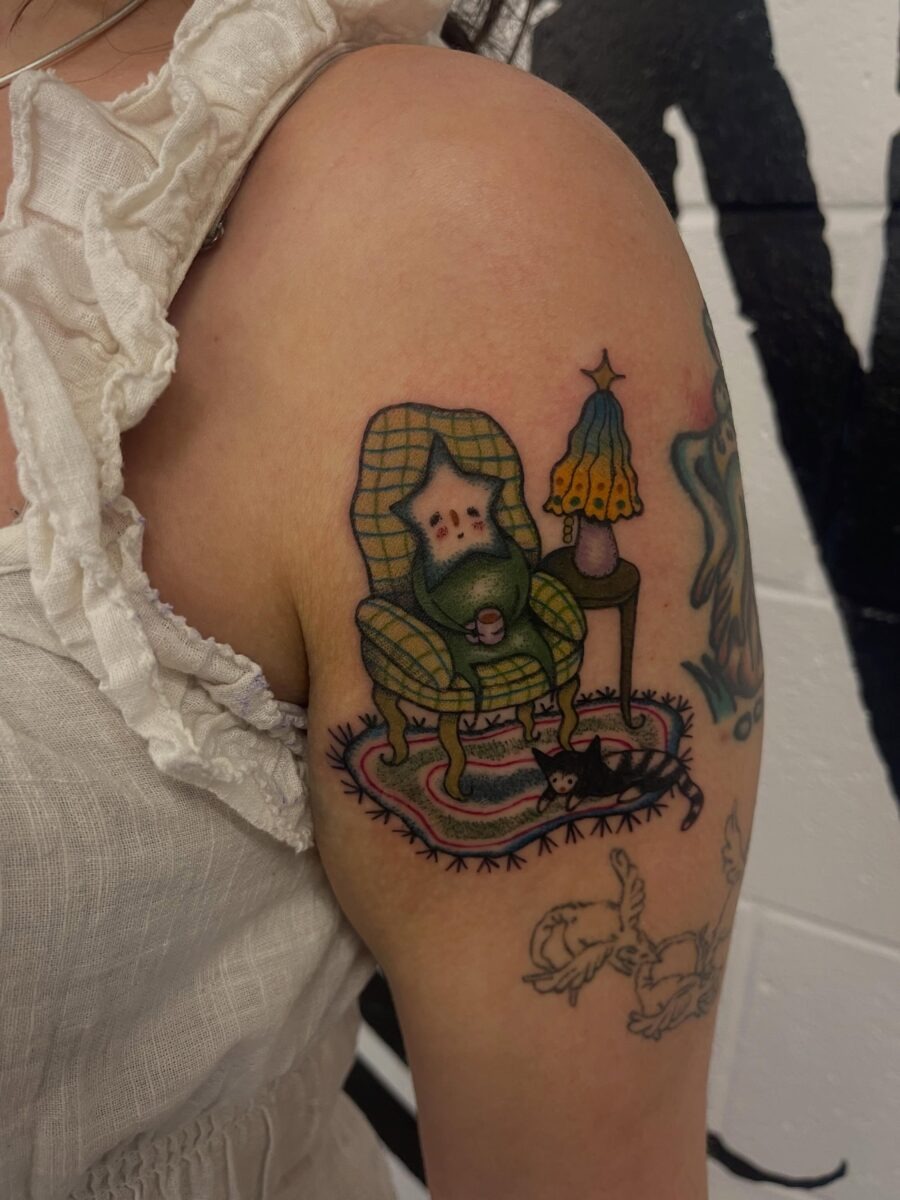 Charming gnome in a cozy chair tattoo Tattoo Design